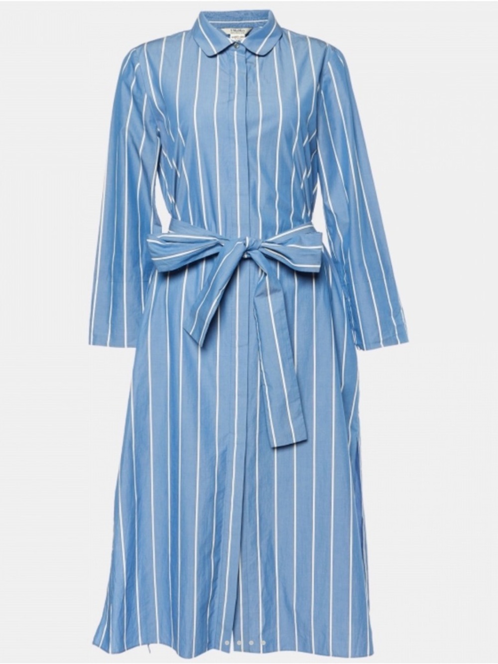 MaxMara Blue and White Striped Tie-Waist Long Sleeve Dress